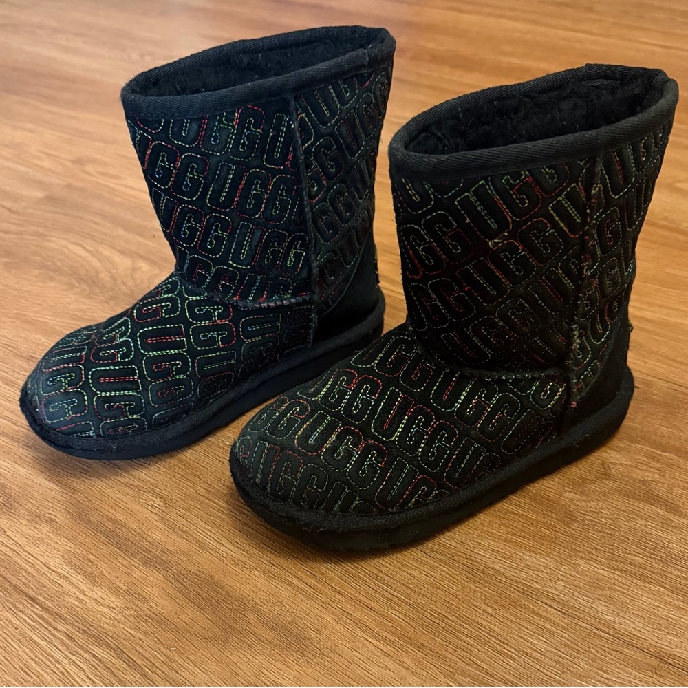 Kid UGG Black Boots with Colorful Logo Pattern